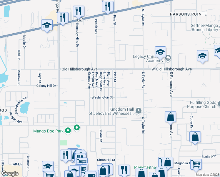 map of restaurants, bars, coffee shops, grocery stores, and more near 5310 Pine Street in Seffner
