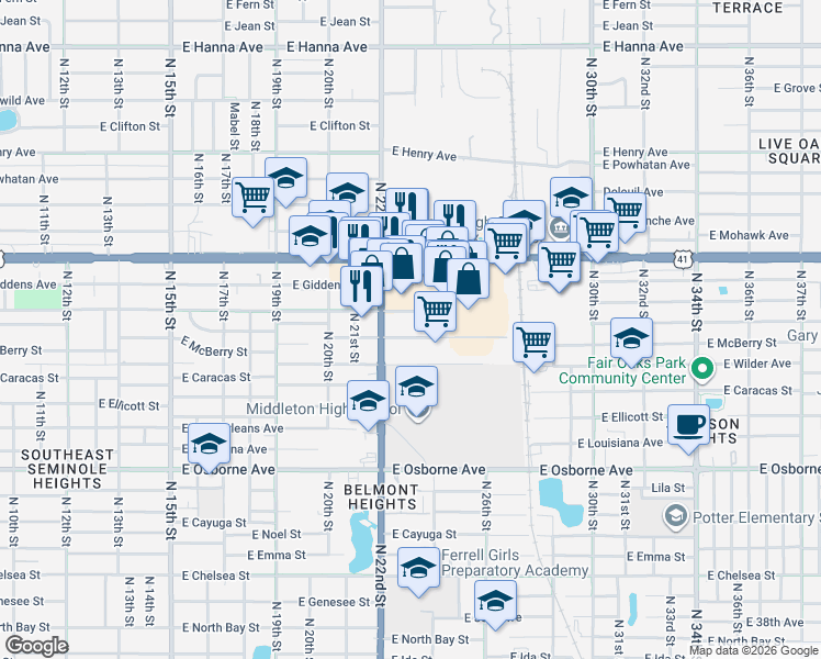 map of restaurants, bars, coffee shops, grocery stores, and more near 5107 North 22nd Street in Tampa