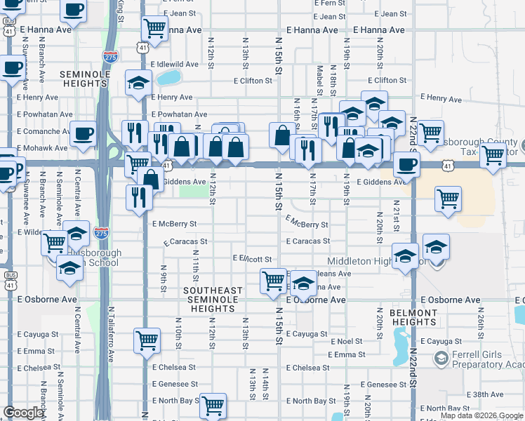 map of restaurants, bars, coffee shops, grocery stores, and more near 1303 East Conover Street in Tampa