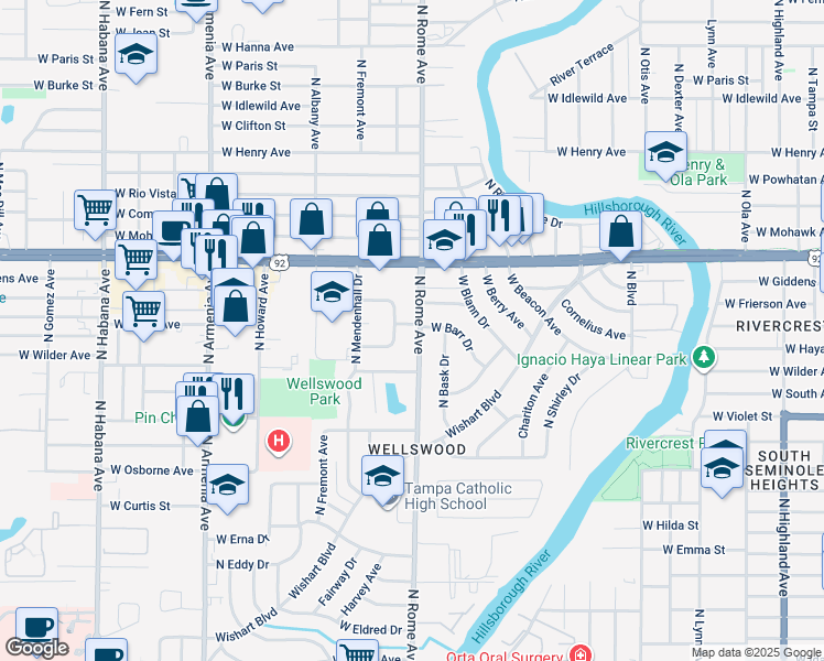map of restaurants, bars, coffee shops, grocery stores, and more near 5210 North Rome Avenue in Tampa