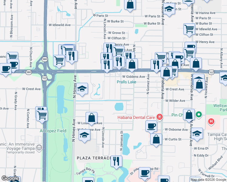 map of restaurants, bars, coffee shops, grocery stores, and more near 5106 North Matanzas Avenue in Tampa
