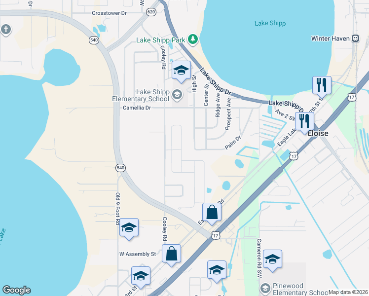 map of restaurants, bars, coffee shops, grocery stores, and more near 457 Saint Georges Circle in Eagle Lake