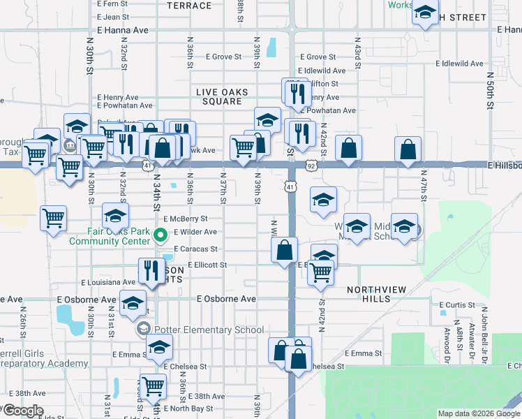 map of restaurants, bars, coffee shops, grocery stores, and more near 5109 North 39th Street in Tampa