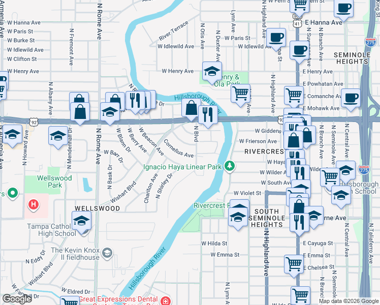 map of restaurants, bars, coffee shops, grocery stores, and more near 905 West Beacon Avenue in Tampa
