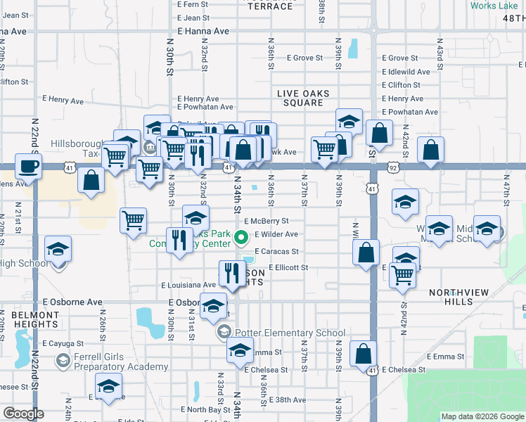 map of restaurants, bars, coffee shops, grocery stores, and more near 3511 East McBerry Street in Tampa