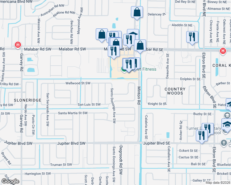 map of restaurants, bars, coffee shops, grocery stores, and more near 213 San Luis Street Southwest in Palm Bay