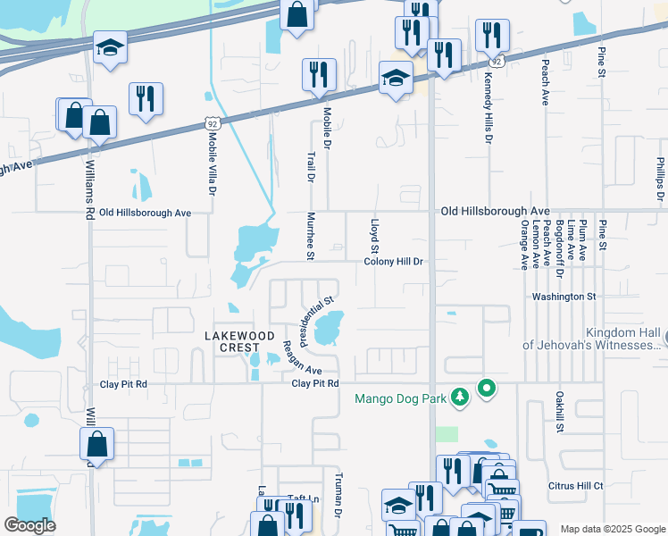map of restaurants, bars, coffee shops, grocery stores, and more near 5113 Presidential Street in Seffner