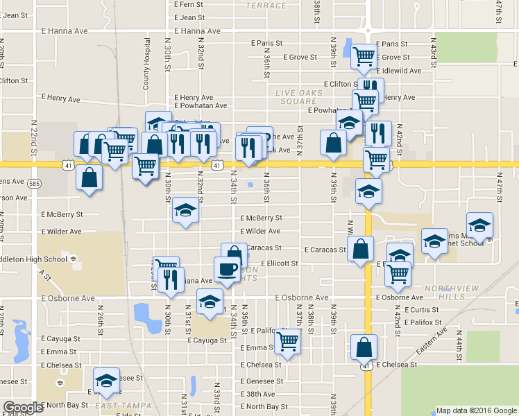 map of restaurants, bars, coffee shops, grocery stores, and more near 3511 East McBerry Street in Tampa