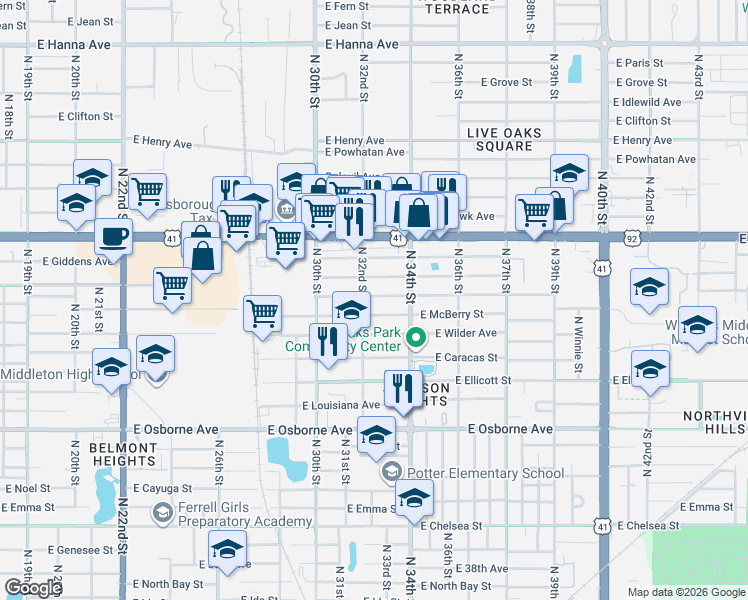 map of restaurants, bars, coffee shops, grocery stores, and more near 3211 East McBerry Street in Tampa