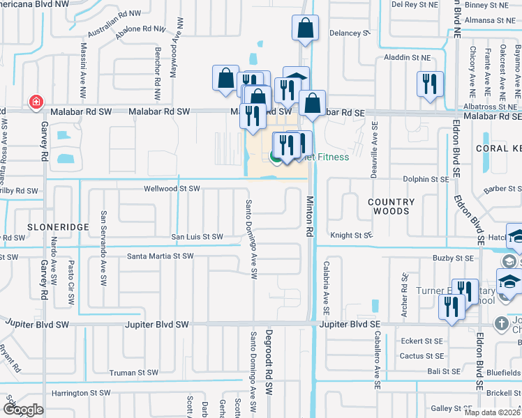map of restaurants, bars, coffee shops, grocery stores, and more near 213 San Luis Street Southwest in Palm Bay