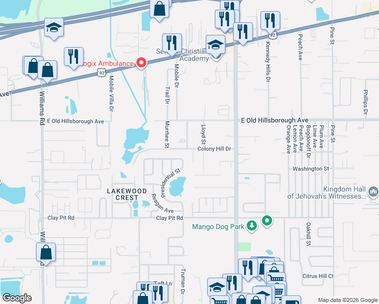map of restaurants, bars, coffee shops, grocery stores, and more near 11503 Colony Hill Drive in Seffner