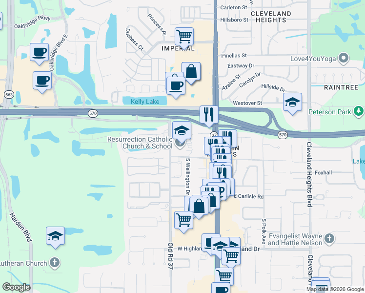 map of restaurants, bars, coffee shops, grocery stores, and more near 4005 South Wellington Drive in Lakeland