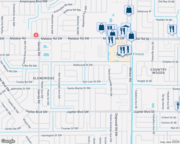 map of restaurants, bars, coffee shops, grocery stores, and more near 359 Trenton Avenue Southwest in Palm Bay