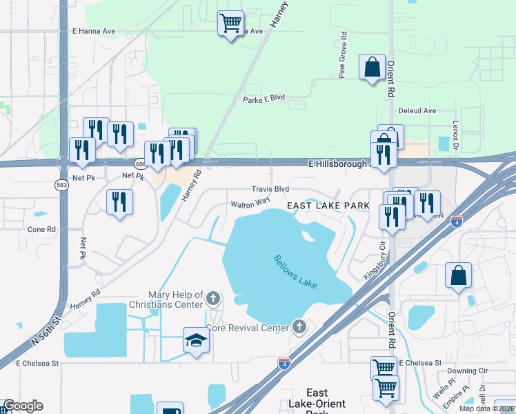 map of restaurants, bars, coffee shops, grocery stores, and more near 6517 Walton Way in Tampa