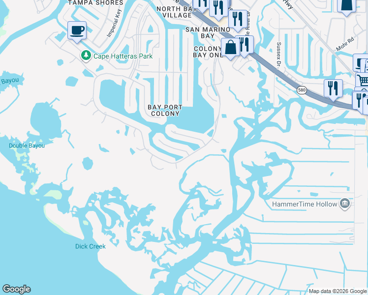 map of restaurants, bars, coffee shops, grocery stores, and more near 9805 Compass Point Way in Tampa