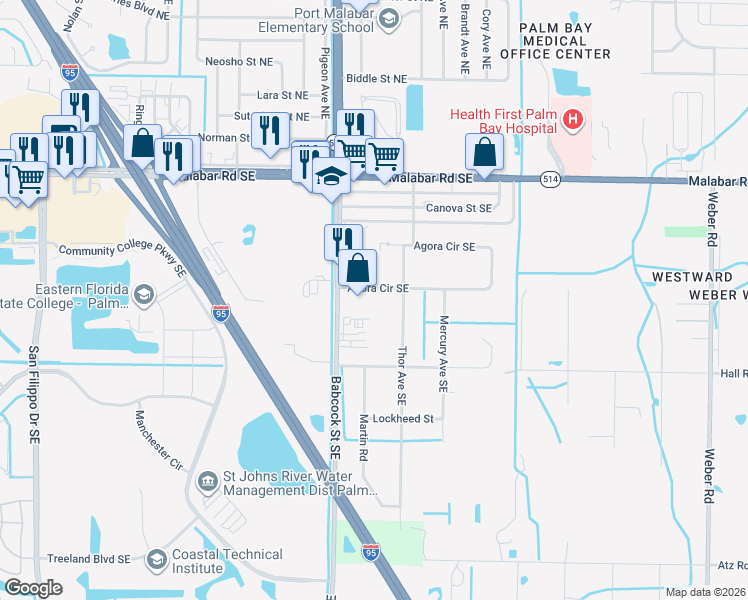 map of restaurants, bars, coffee shops, grocery stores, and more near 1757 Agora Circle Southeast in Palm Bay