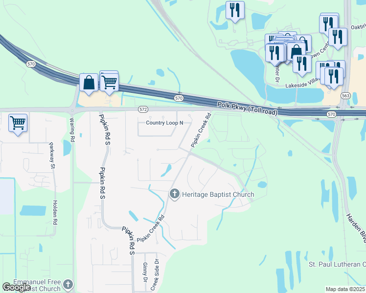 map of restaurants, bars, coffee shops, grocery stores, and more near 3918 Country Loop East in Lakeland