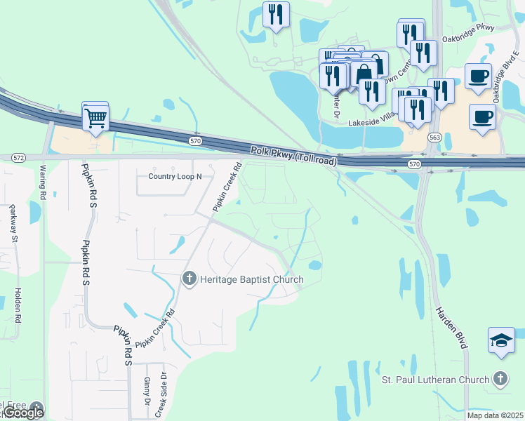 map of restaurants, bars, coffee shops, grocery stores, and more near 3900 Pipkin Creek Road in Lakeland