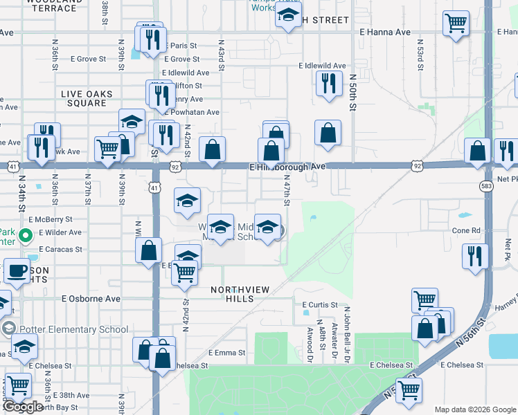 map of restaurants, bars, coffee shops, grocery stores, and more near 4505 East Frierson Avenue in Tampa