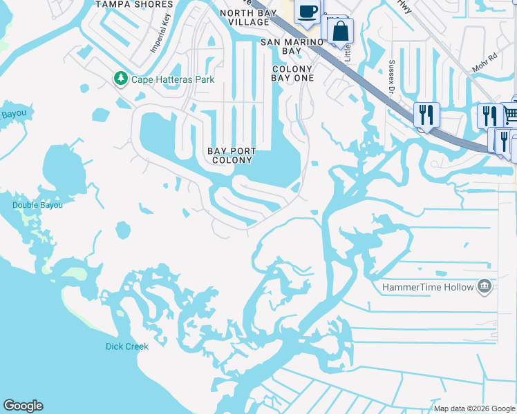 map of restaurants, bars, coffee shops, grocery stores, and more near 9810 Bay Island Drive in Tampa