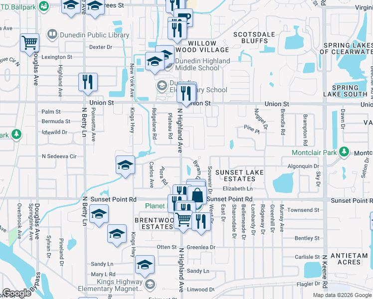 map of restaurants, bars, coffee shops, grocery stores, and more near 2019 Strathmill Drive in Clearwater