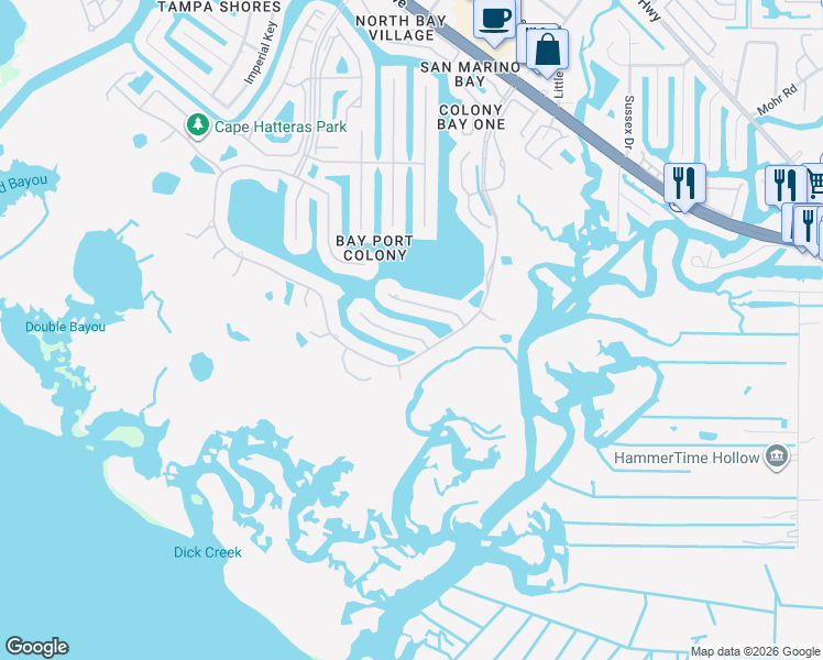 map of restaurants, bars, coffee shops, grocery stores, and more near 9810 Bay Island Drive in Tampa