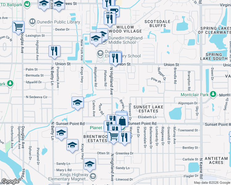 map of restaurants, bars, coffee shops, grocery stores, and more near 2019 Strathmill Drive in Clearwater