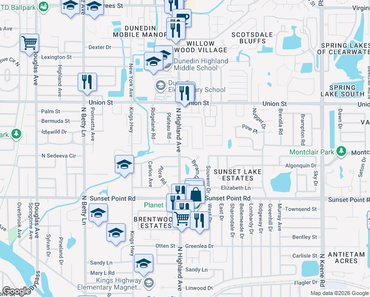 map of restaurants, bars, coffee shops, grocery stores, and more near 1511 Talisker Drive in Clearwater