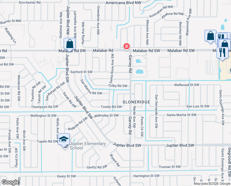 map of restaurants, bars, coffee shops, grocery stores, and more near 318 Trilby Road Southwest in Palm Bay