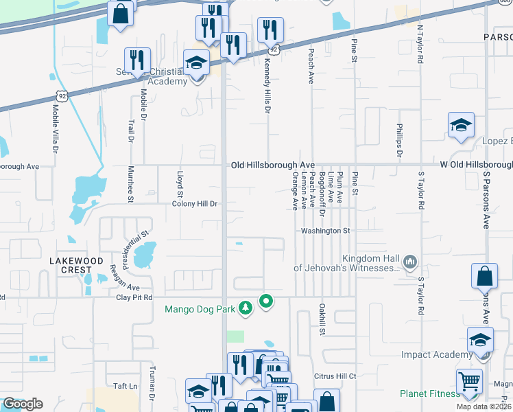 map of restaurants, bars, coffee shops, grocery stores, and more near 5343 County Road 579 in Seffner