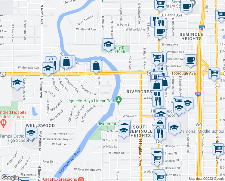 map of restaurants, bars, coffee shops, grocery stores, and more near 5225 Bon Vivant Drive in Tampa