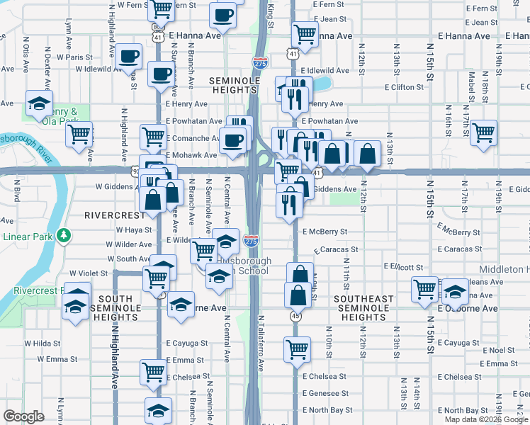 map of restaurants, bars, coffee shops, grocery stores, and more near 800 East Frierson Avenue in Tampa