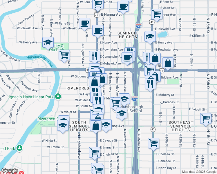 map of restaurants, bars, coffee shops, grocery stores, and more near 206 East Frierson Avenue in Tampa