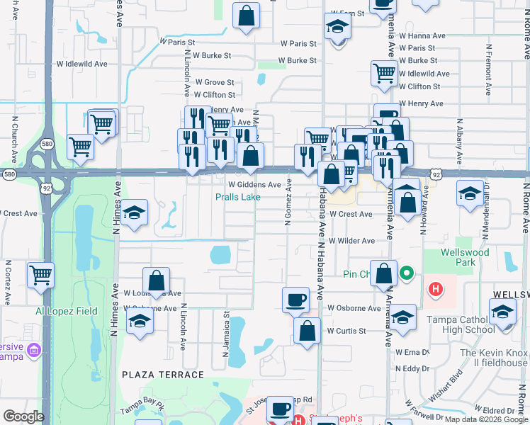map of restaurants, bars, coffee shops, grocery stores, and more near 3030 West Frierson Avenue in Tampa