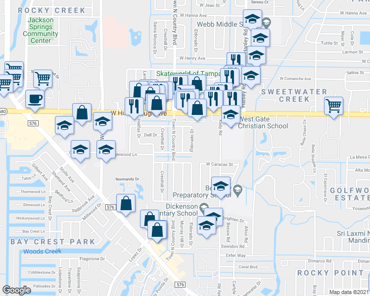map of restaurants, bars, coffee shops, grocery stores, and more near 5110 El Dorado Drive in Tampa