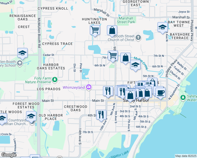 map of restaurants, bars, coffee shops, grocery stores, and more near 912 Woodbridge Court in Safety Harbor