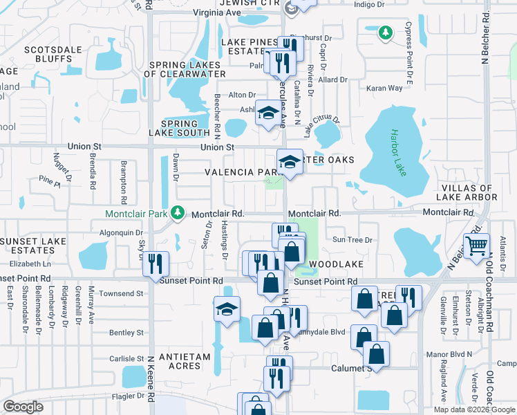 map of restaurants, bars, coffee shops, grocery stores, and more near 2033 San Sebastian Way South in Clearwater