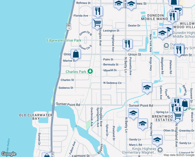 map of restaurants, bars, coffee shops, grocery stores, and more near 2014 Douglas Avenue in Clearwater