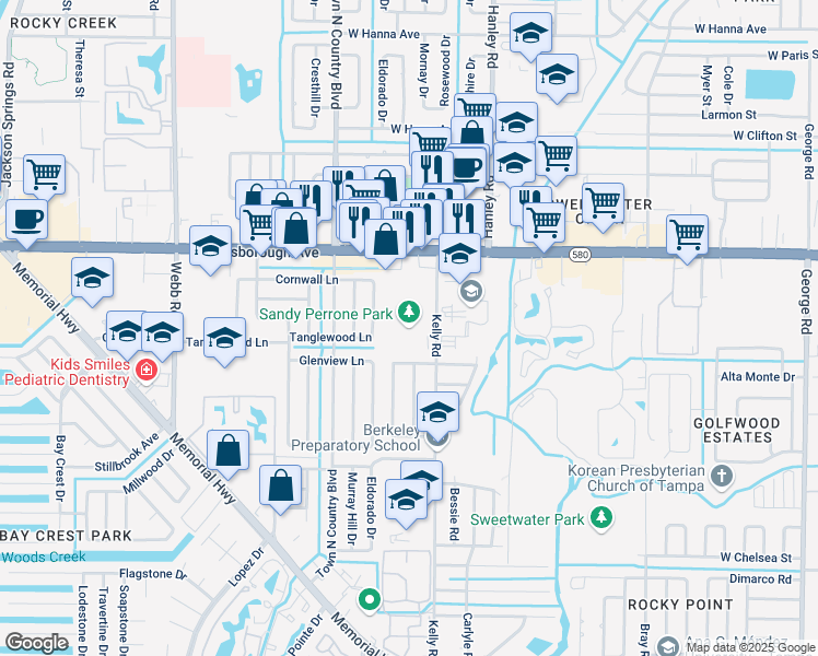 map of restaurants, bars, coffee shops, grocery stores, and more near 5120 Kelly Road in Tampa
