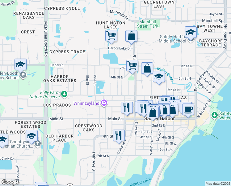 map of restaurants, bars, coffee shops, grocery stores, and more near 912 Woodbridge Court in Safety Harbor