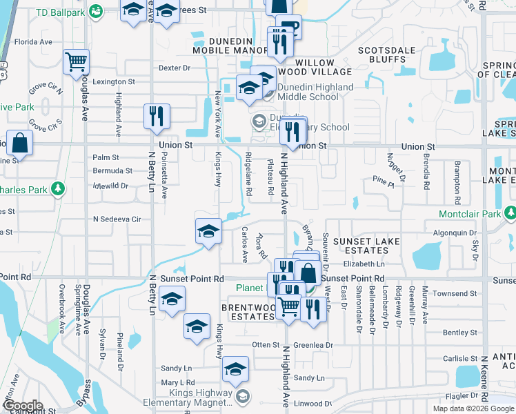 map of restaurants, bars, coffee shops, grocery stores, and more near 1459 Ridgelane Road in Clearwater