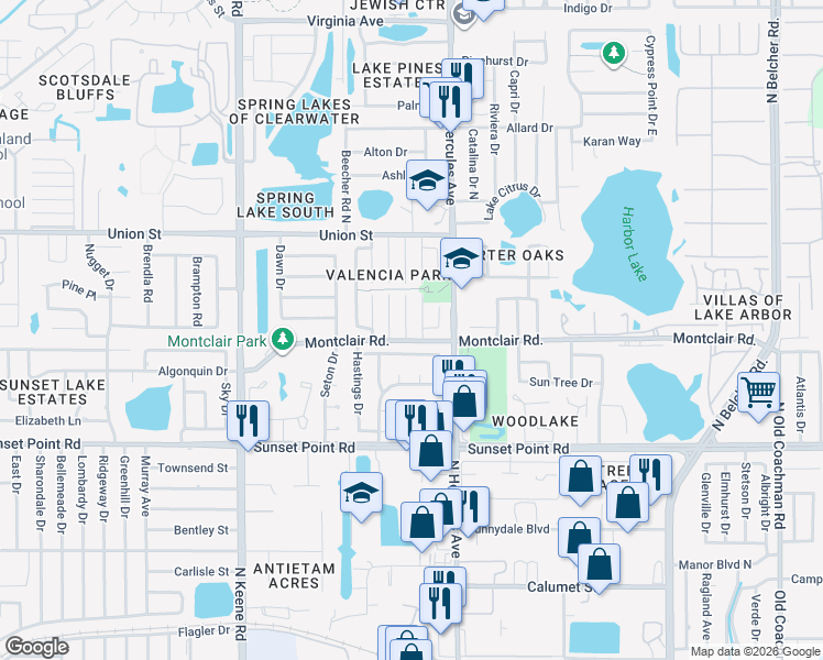 map of restaurants, bars, coffee shops, grocery stores, and more near 2033 San Sebastian Way South in Clearwater