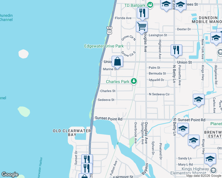 map of restaurants, bars, coffee shops, grocery stores, and more near 1048 Charles Street in Clearwater