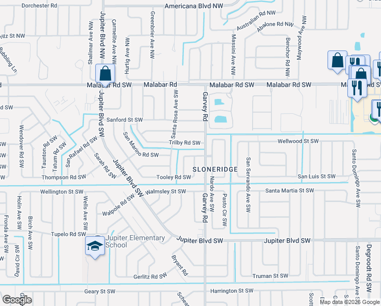 map of restaurants, bars, coffee shops, grocery stores, and more near 358 Trilby Road Southwest in Palm Bay