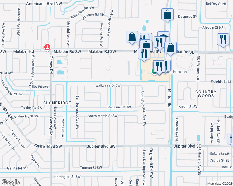 map of restaurants, bars, coffee shops, grocery stores, and more near 279 Trenton Avenue Southwest in Palm Bay