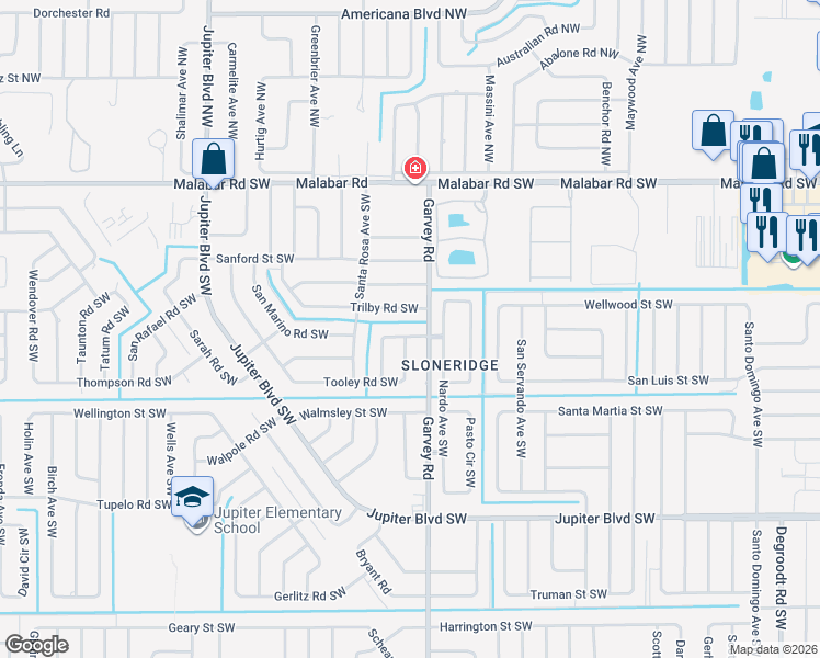 map of restaurants, bars, coffee shops, grocery stores, and more near 358 Trilby Road Southwest in Palm Bay