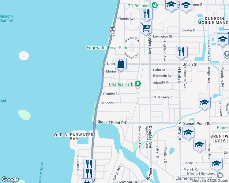 map of restaurants, bars, coffee shops, grocery stores, and more near 1048 Charles Street in Clearwater