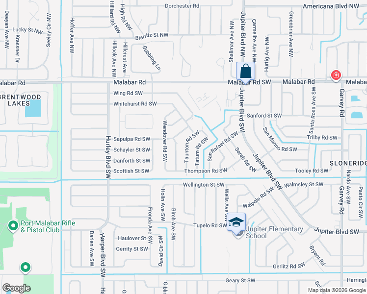 map of restaurants, bars, coffee shops, grocery stores, and more near 227 Taunton Road Southwest in Palm Bay