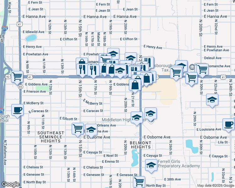 map of restaurants, bars, coffee shops, grocery stores, and more near 1908 East Frierson Avenue in Tampa