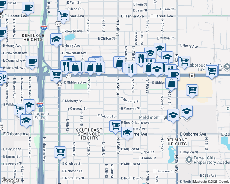 map of restaurants, bars, coffee shops, grocery stores, and more near in Tampa